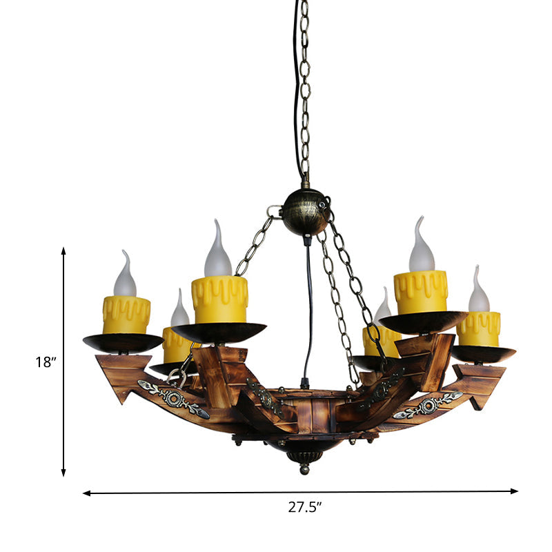 Farmhouse Chandelier With 6 Candle Lights In Dark Wood Resin - Perfect For Restaurants And More!