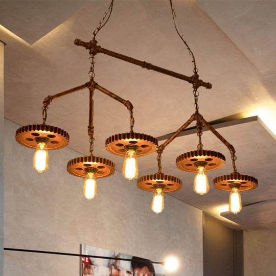 Industrial-Style Metal Island Light Fixture - 6 Lights Rust Bare Bulb Chandelier For Restaurants