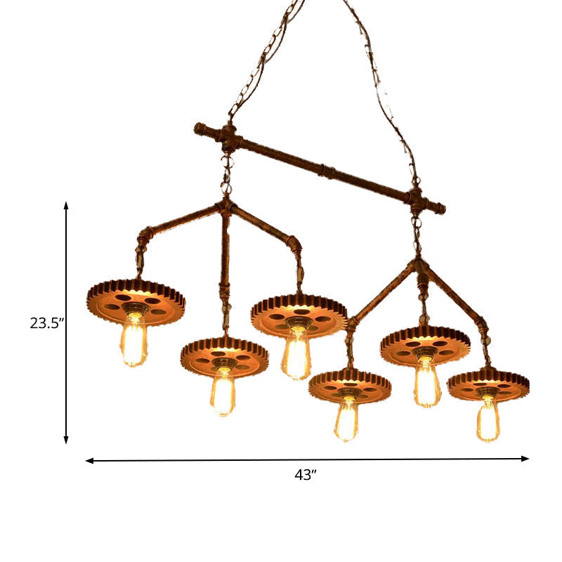 Industrial-Style Metal Island Light Fixture - 6 Lights Rust Bare Bulb Chandelier For Restaurants