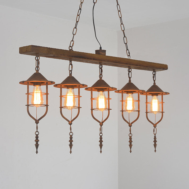 Retro Wood Island Ceiling Light: 5-Light Fixture With Iron Cage