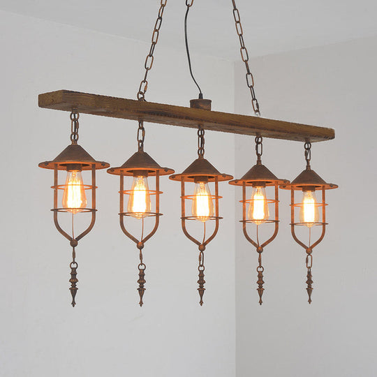 Retro Wood Island Ceiling Light: 5-Light Fixture With Iron Cage