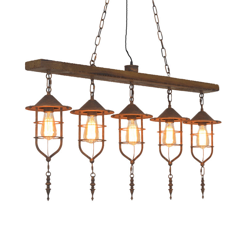 Retro Wood Island Ceiling Light: 5-Light Fixture With Iron Cage