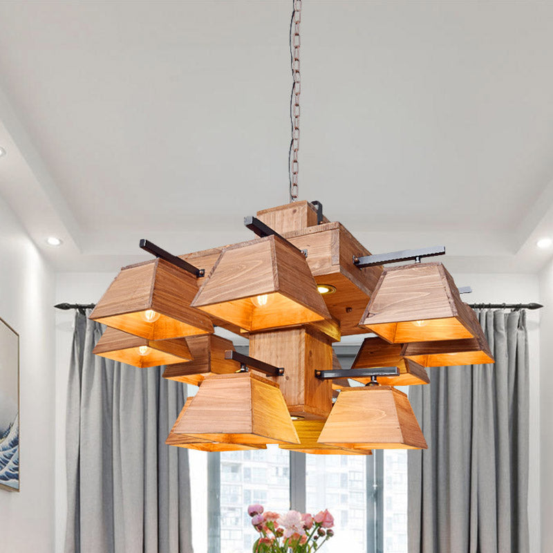 Factory Wood Island Chandelier - Beige Trapezoid Design With Multiple Lighting Options For Dining