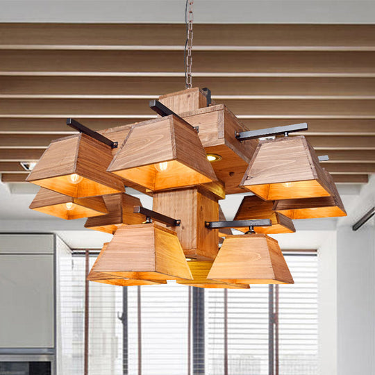 Factory Wood Island Chandelier - Beige Trapezoid Design With Multiple Lighting Options For Dining