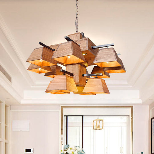 Factory Wood Island Chandelier - Beige Trapezoid Design With Multiple Lighting Options For Dining