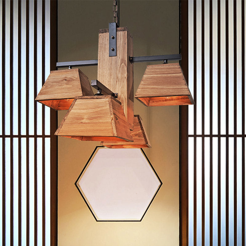 Factory Wood Island Chandelier - Beige Trapezoid Design With Multiple Lighting Options For Dining