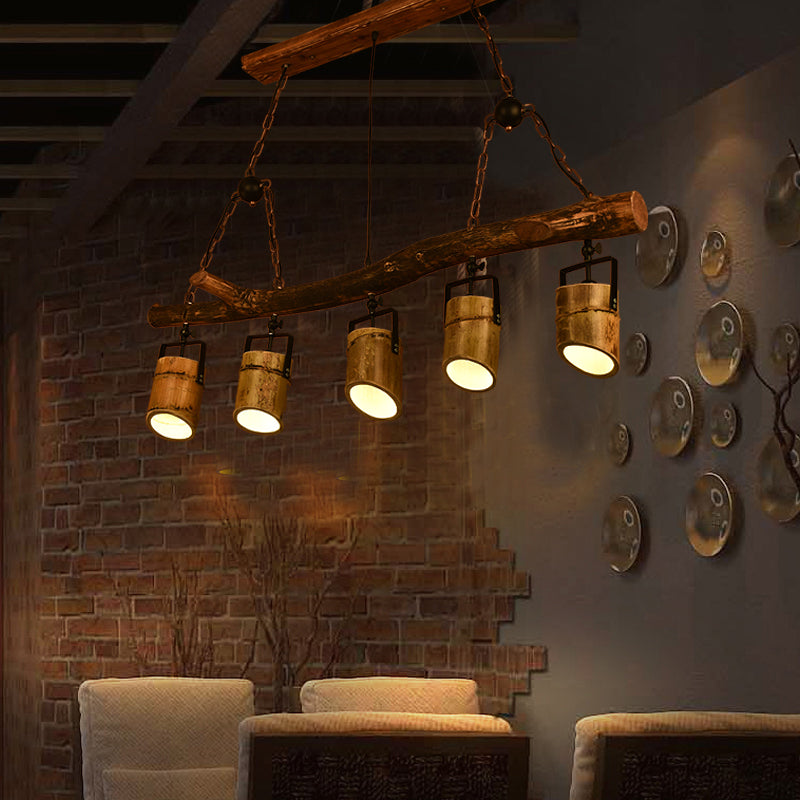 Farmhouse Bamboo Pendant Light- Wood Linear Island Lamp With 5 Lights Ideal For Restaurants