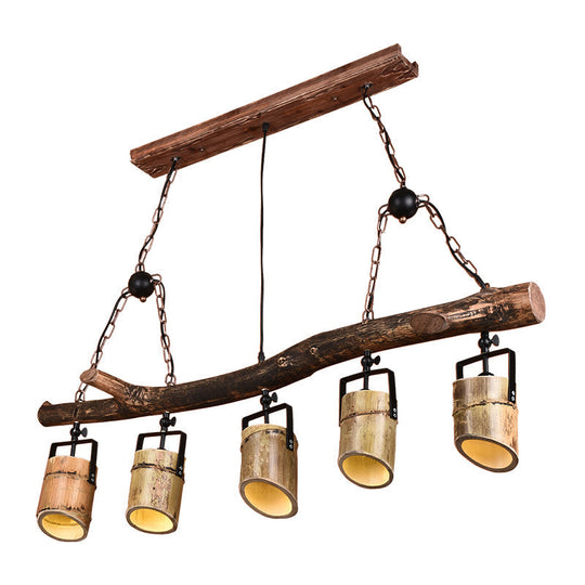 Farmhouse Bamboo Pendant Light- Wood Linear Island Lamp With 5 Lights Ideal For Restaurants