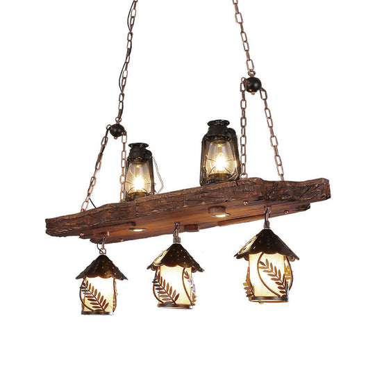 Black Wood Lantern Island Ceiling Light With 5 Lights Clear Glass Shade - Ideal For Restaurants And