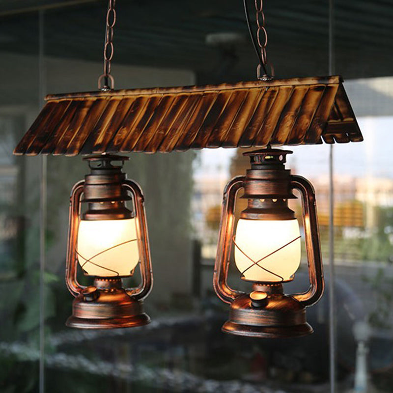 Vintage Style Kerosene Island Light Chandelier With 2 Dark Brown Metal Pendant Lights For Kitchen