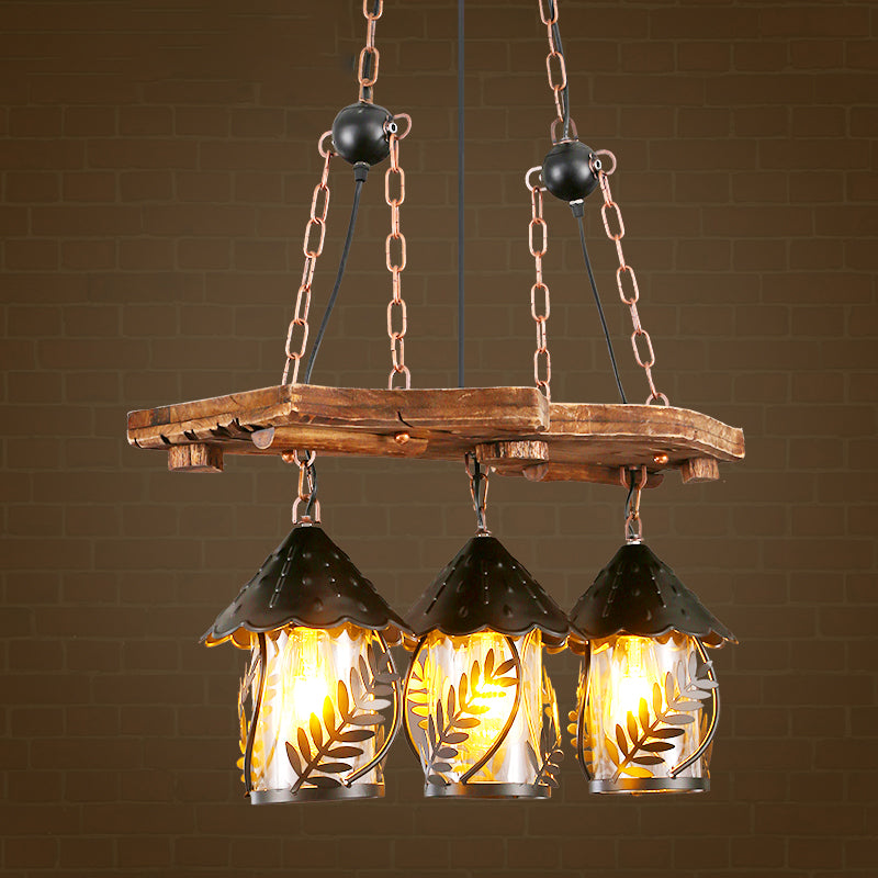 Industrial White/Clear Wood Hanging Pendant Light - 2/3 Lights Lantern Island Lighting For