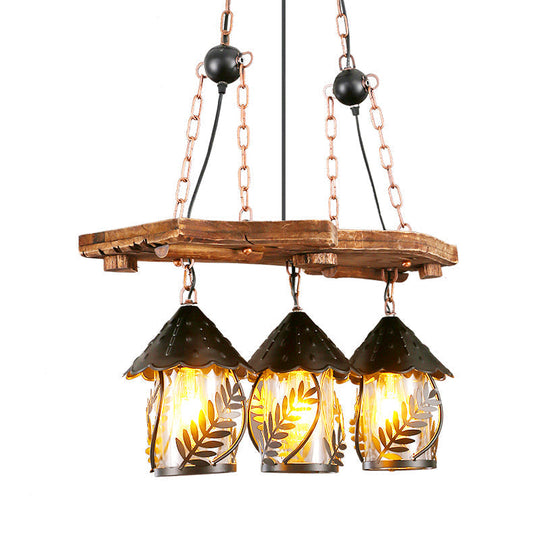 Industrial White/Clear Wood Hanging Pendant Light - 2/3 Lights Lantern Island Lighting For