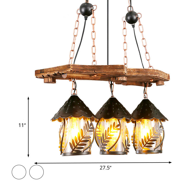 Industrial White/Clear Wood Hanging Pendant Light - 2/3 Lights Lantern Island Lighting For