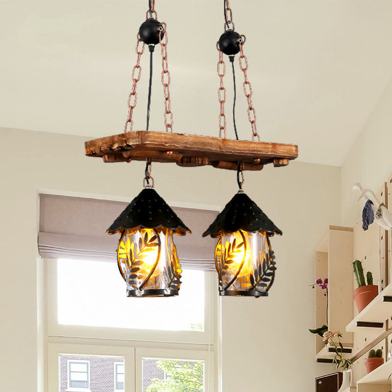 Industrial White/Clear Wood Hanging Pendant Light - 2/3 Lights Lantern Island Lighting For