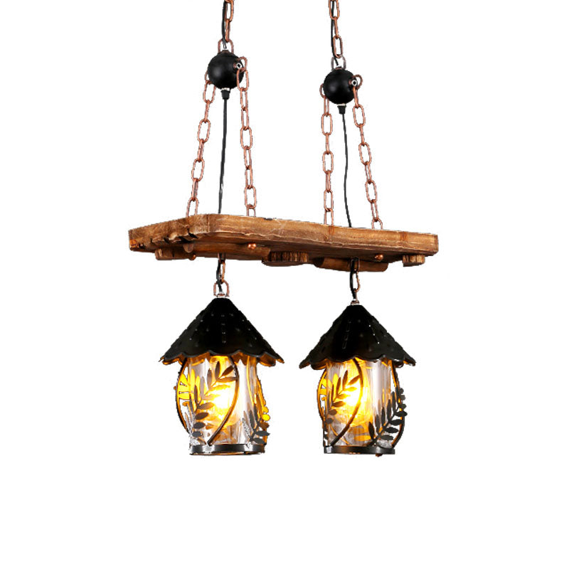 Industrial White/Clear Wood Hanging Pendant Light - 2/3 Lights Lantern Island Lighting For