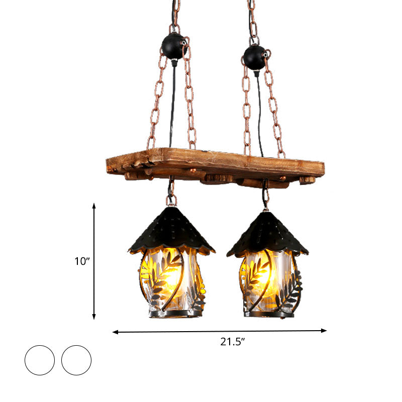 Industrial White/Clear Wood Hanging Pendant Light - 2/3 Lights Lantern Island Lighting For