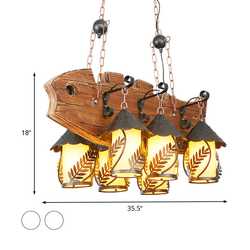 Fish-Shaped Island Lamp: 6-Light Fabric And Glass Hanging Kit In Black For Dining Room Metal Arm