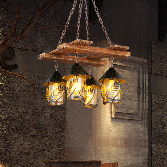 Industrial 4-Light White Fabric/Clear Glass Island Chandelier - Warehouse Pendant With Metal Arm