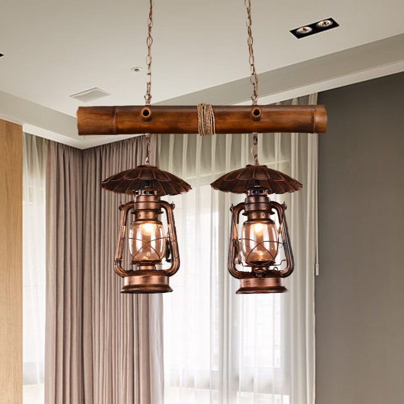 Vintage Industrial 2-Light Island Pendant In Red Brown - Kerosene Metallic Chandelier Lighting