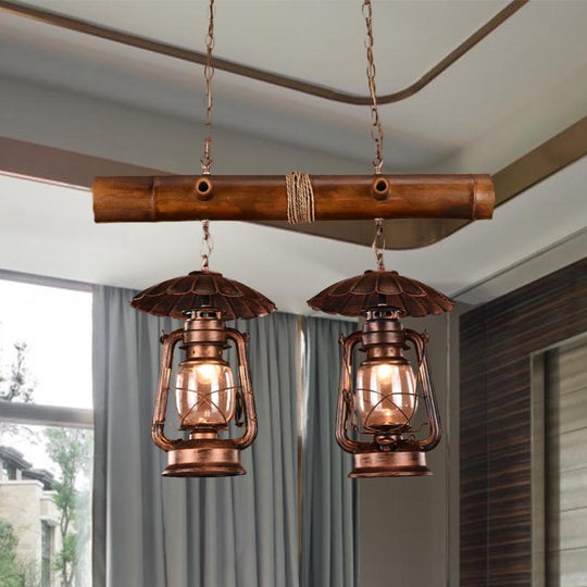 Vintage Industrial 2-Light Island Pendant In Red Brown - Kerosene Metallic Chandelier Lighting