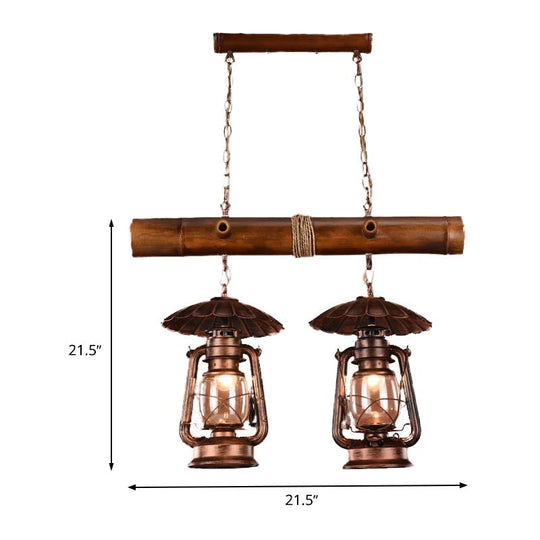 Vintage Industrial 2-Light Island Pendant In Red Brown - Kerosene Metallic Chandelier Lighting