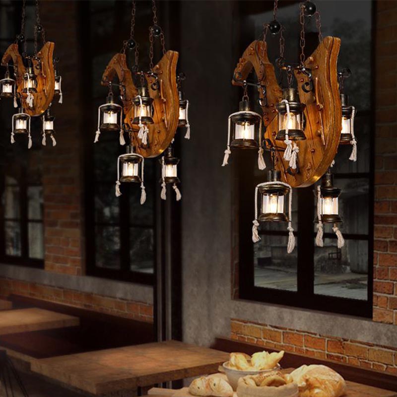 6-Light Dining Room Island Chandelier With Kerosene Clear Glass Shade - Factory Wood Hanging Light