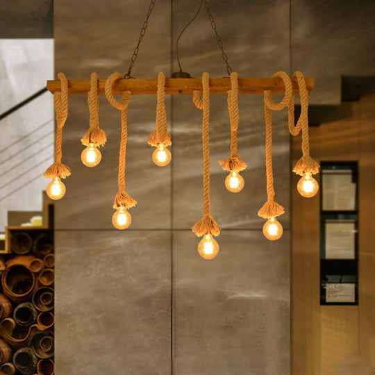 Industrial-Style Wood Beige Island Chandelier - 8-Light Linear Pendant Lamp For Dining Room