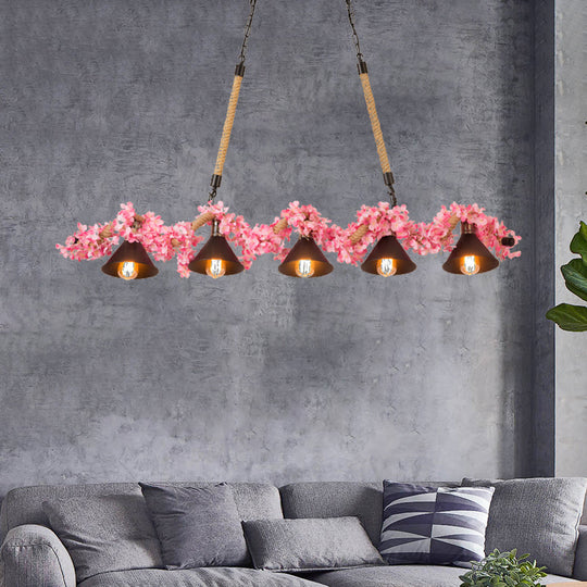 Factory Conical Island Pendant Light In Pink - 5-Light Metal Hanging Lamp Kit For Dining Room