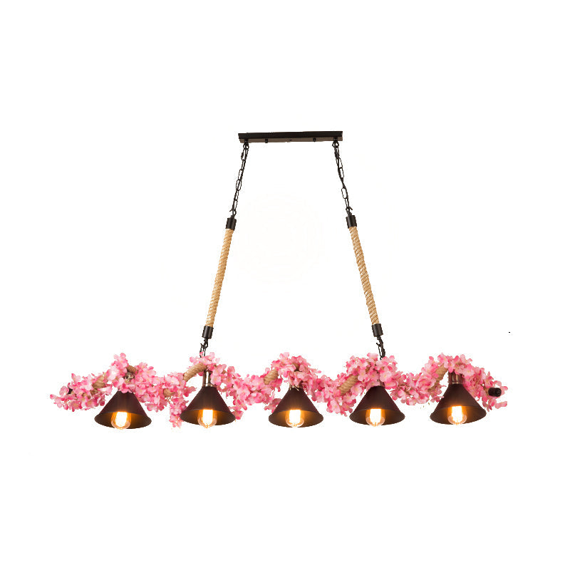 Factory Conical Island Pendant Light In Pink - 5-Light Metal Hanging Lamp Kit For Dining Room