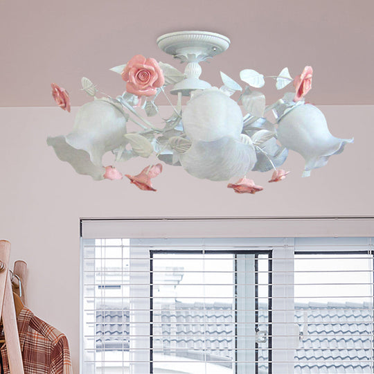 6-Light Pink Lodge Bedroom Ceiling Fixture with Flower Glass Shade, Semi-Flush Mount