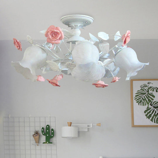 6-Light Pink Lodge Bedroom Ceiling Fixture with Flower Glass Shade, Semi-Flush Mount