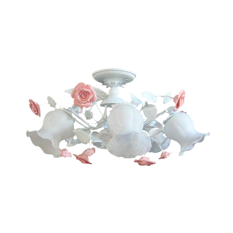 6-Light Pink Lodge Bedroom Ceiling Fixture with Flower Glass Shade, Semi-Flush Mount