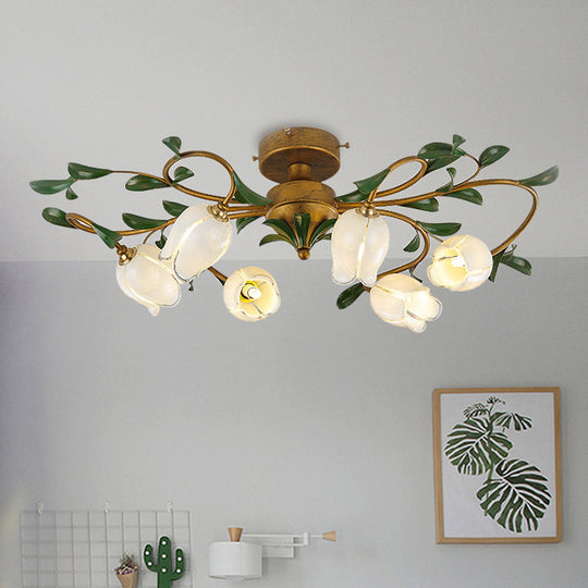 Traditional Tulip Glass Semi Flush Mount Chandelier - White/Yellow 6-Light Fixture for Dining Room Ceiling in Brass