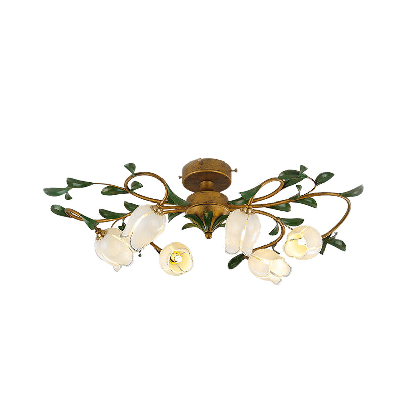 Traditional Tulip Glass Semi Flush Mount Chandelier - White/Yellow 6-Light Fixture for Dining Room Ceiling in Brass