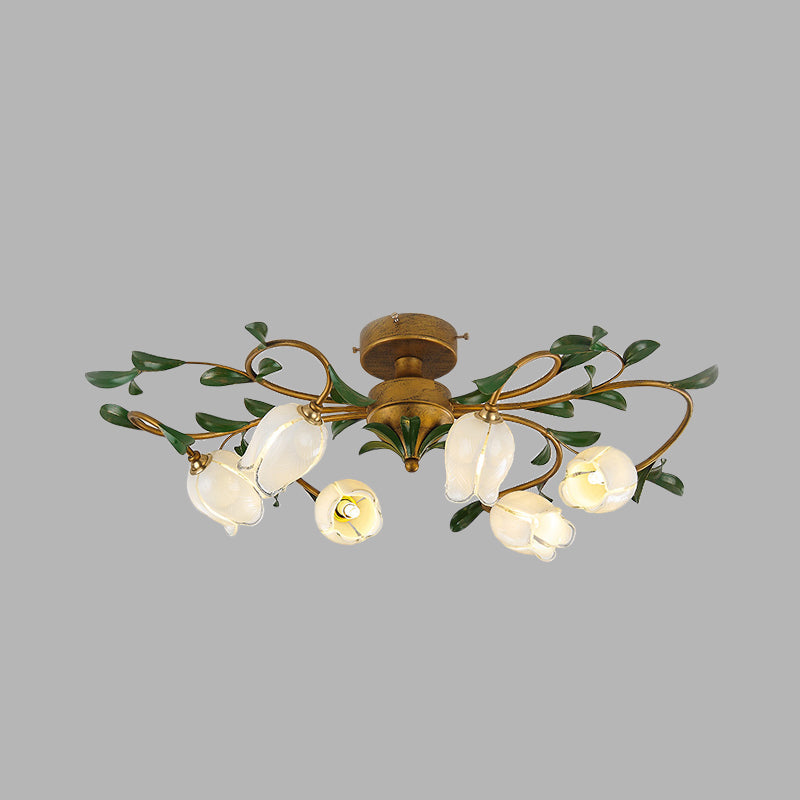 Traditional Tulip Glass Semi Flush Mount Chandelier - White/Yellow 6-Light Fixture for Dining Room Ceiling in Brass