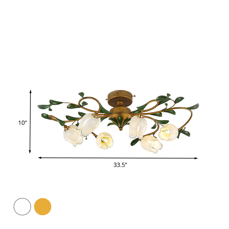 Traditional Tulip Glass Semi Flush Mount Chandelier - White/Yellow 6-Light Fixture for Dining Room Ceiling in Brass