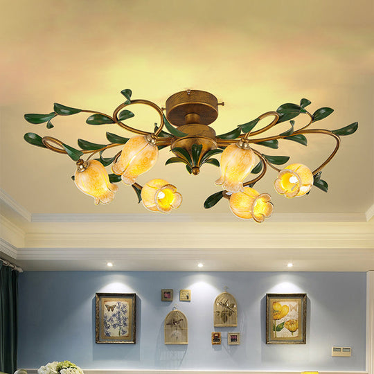 Traditional Tulip Glass Semi Flush Mount Chandelier - White/Yellow 6-Light Fixture for Dining Room Ceiling in Brass