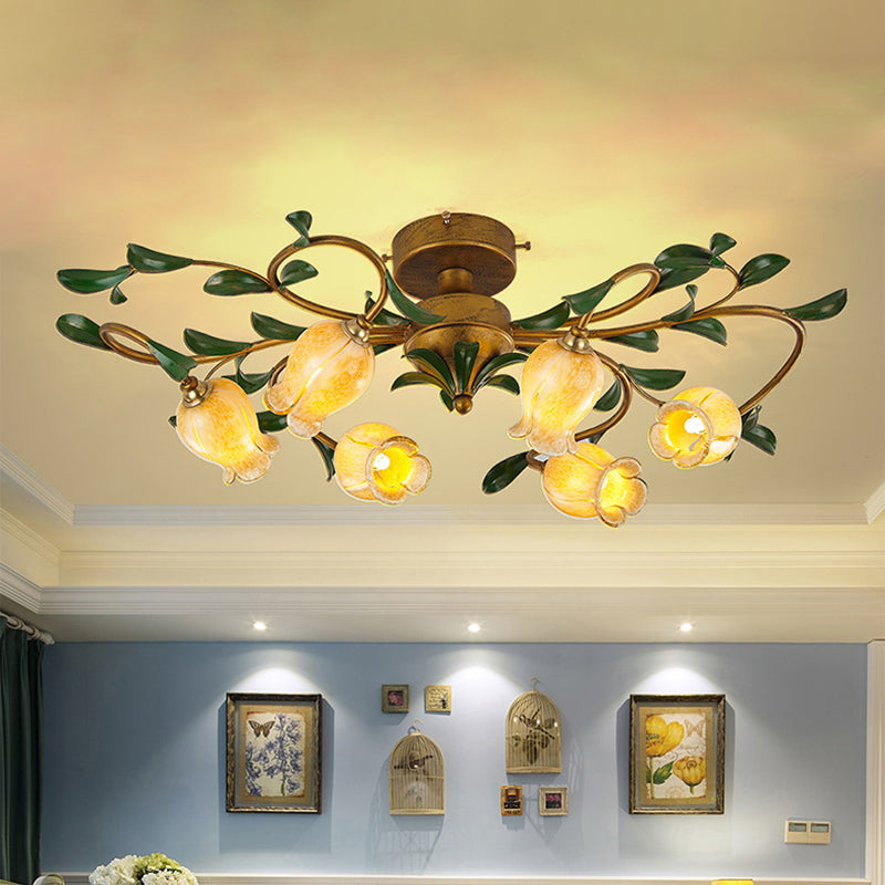 Traditional Tulip Glass Semi Flush Mount Chandelier - White/Yellow 6-Light Fixture For Dining Room