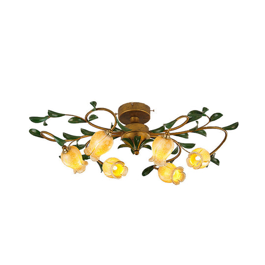 Traditional Tulip Glass Semi Flush Mount Chandelier - White/Yellow 6-Light Fixture for Dining Room Ceiling in Brass