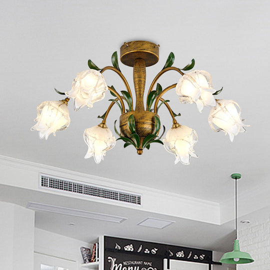 Blossom Bedroom Semi Flush Light - Countryside White/Yellow Glass - 6 Lights - Brass Ceiling Lighting