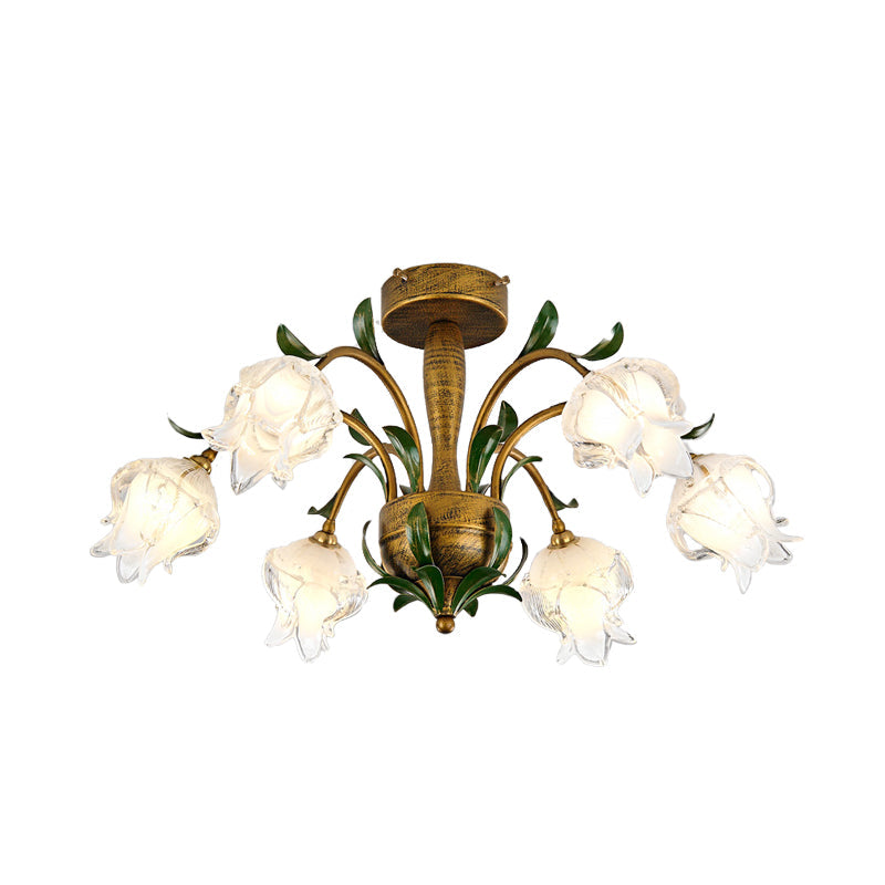 Blossom Bedroom Semi Flush Light - Countryside White/Yellow Glass - 6 Lights - Brass Ceiling Lighting