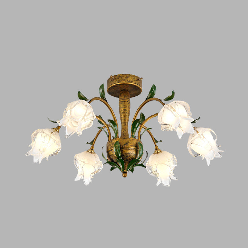 Blossom Bedroom Semi Flush Light - Countryside White/Yellow Glass - 6 Lights - Brass Ceiling Lighting