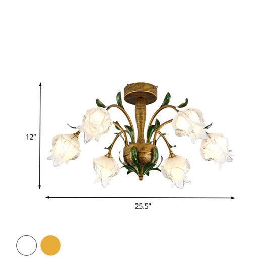 Blossom Bedroom Semi Flush Light - Countryside White/Yellow Glass - 6 Lights - Brass Ceiling Lighting