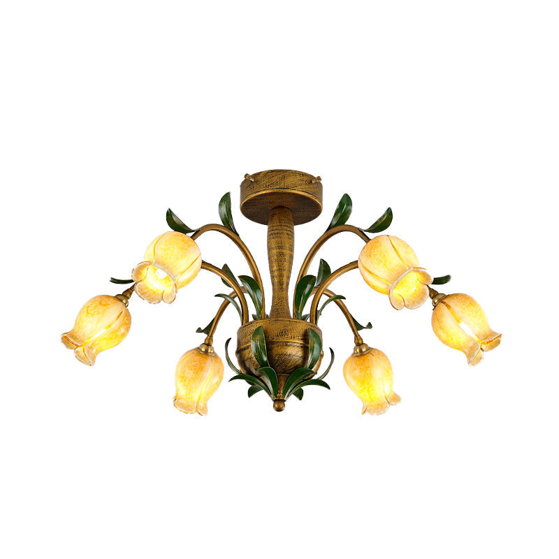 Blossom Bedroom Semi Flush Light - Countryside White/Yellow Glass - 6 Lights - Brass Ceiling Lighting