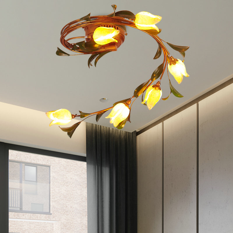 Rustic Yellow Glass Twist Ceiling Light Fixture For Bedroom - Brass 6 Lights Semi-Flush Mount