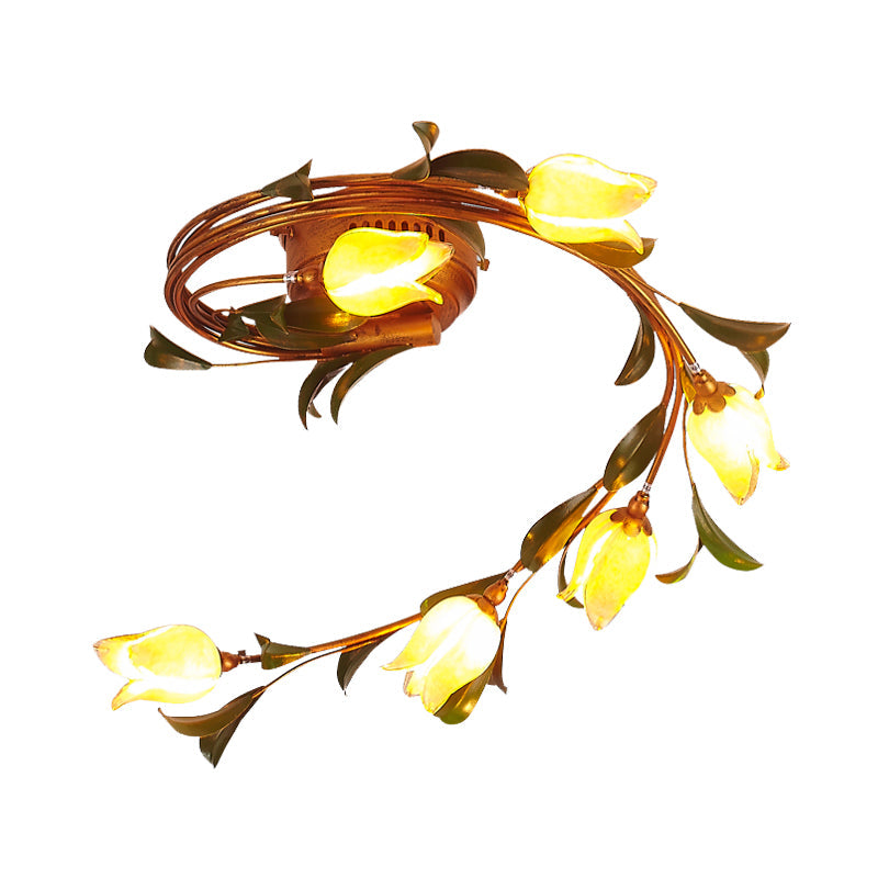 Rustic Yellow Glass Twist Ceiling Light Fixture - 6-Light Brass Semi-Flush Mount for Bedrooms