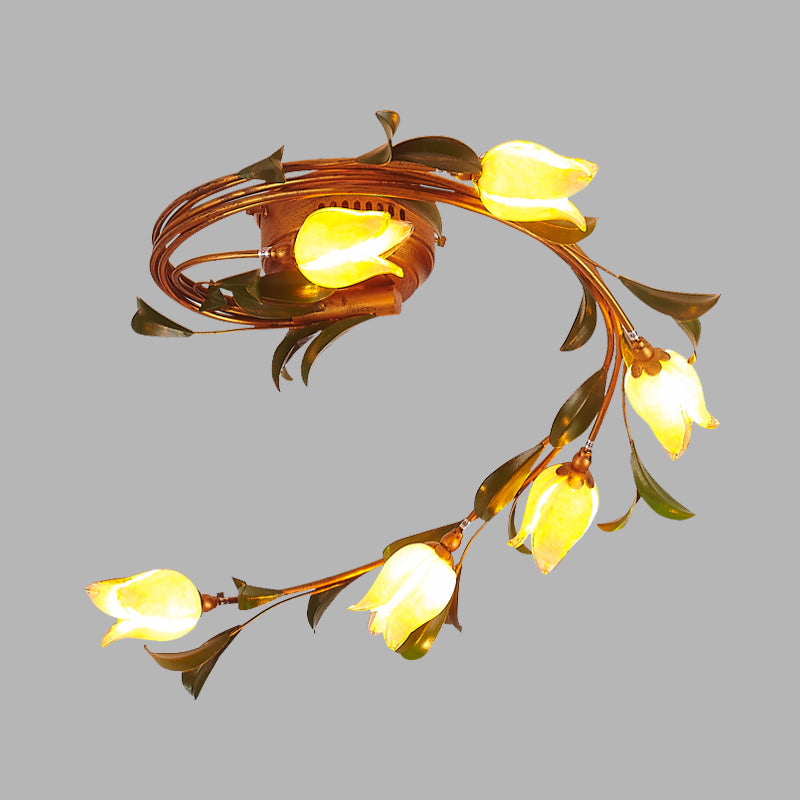 Rustic Yellow Glass Twist Ceiling Light Fixture - 6-Light Brass Semi-Flush Mount for Bedrooms