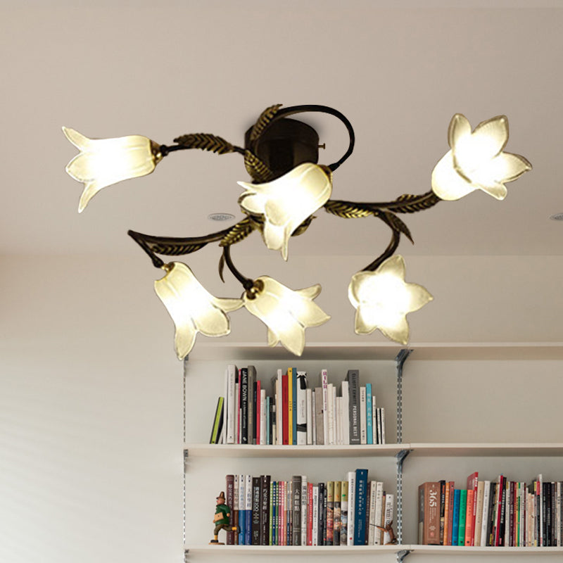 Lodge Flower Semi Flush Mount Ceiling Light - 6-Light White/Yellow/Purple Glass Lamp for Bedroom