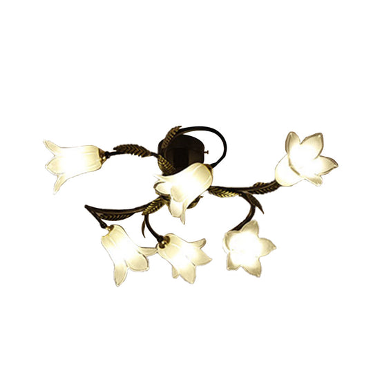 Lodge Flower Semi Flush Mount Ceiling Light - 6-Light White/Yellow/Purple Glass Lamp for Bedroom