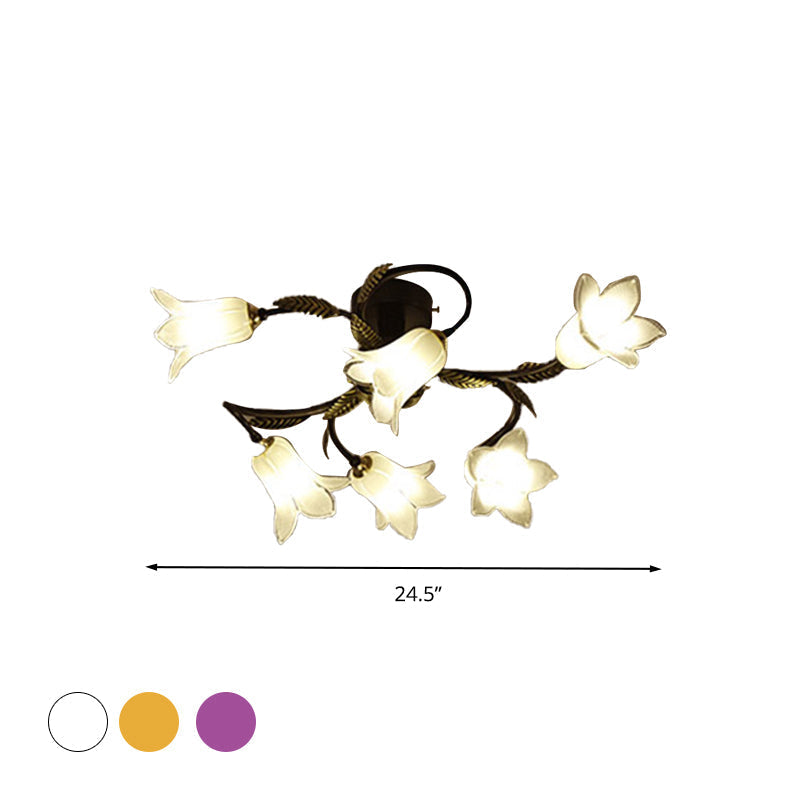 Lodge Flower Semi Flush Mount Ceiling Light - 6-Light White/Yellow/Purple Glass Lamp for Bedroom